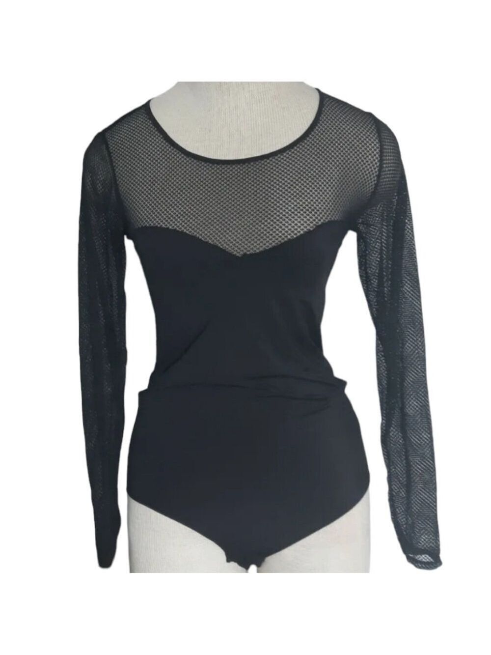 SECRET POSSESSIONS black bodysuit MESH top snap crotch mild stretch ACADEMIA  M